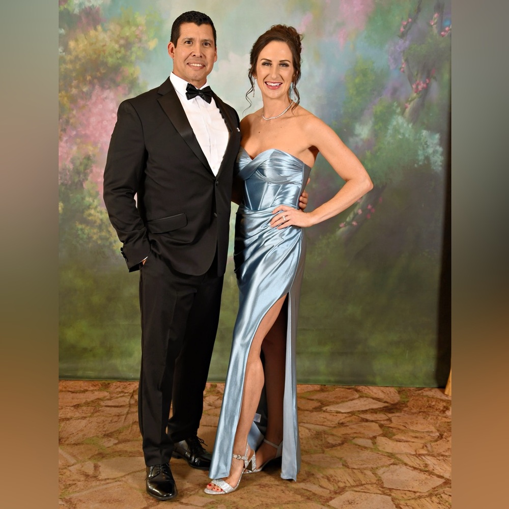 Blue strapless formal gown